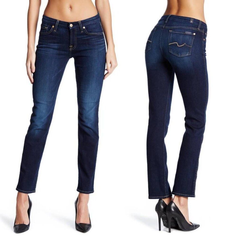 7 For All Mankind Karah Straight Leg Mid Rise Jeans in Dark Wash Full Lenght